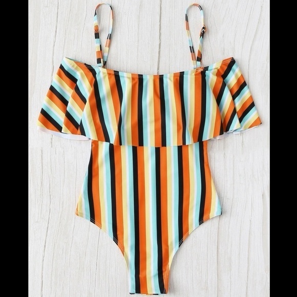 Multicolored Striped Off the Shoulder One Piece Swim Suit 1XL - Picture 1 of 10